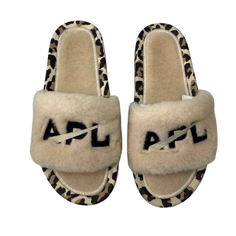 APL Lusso Shearling Slides Slippers Leopard Print/Cream Womens Size 6 NWB